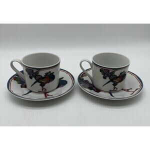 2 Vintage Georges Briard Oriental Multi-Color Round Peacock Cup And Saucer Sets